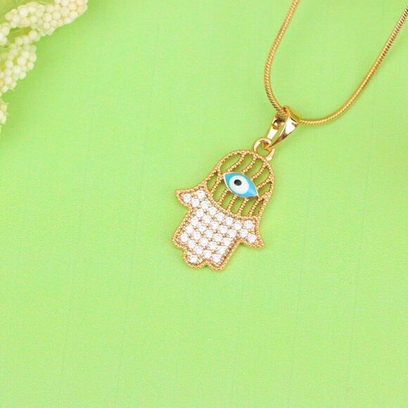 "Rose Gold Hamsa Hand Pendant with Evil Eye and Crystal Accents, XPPT1609 - Picture 9 of 13